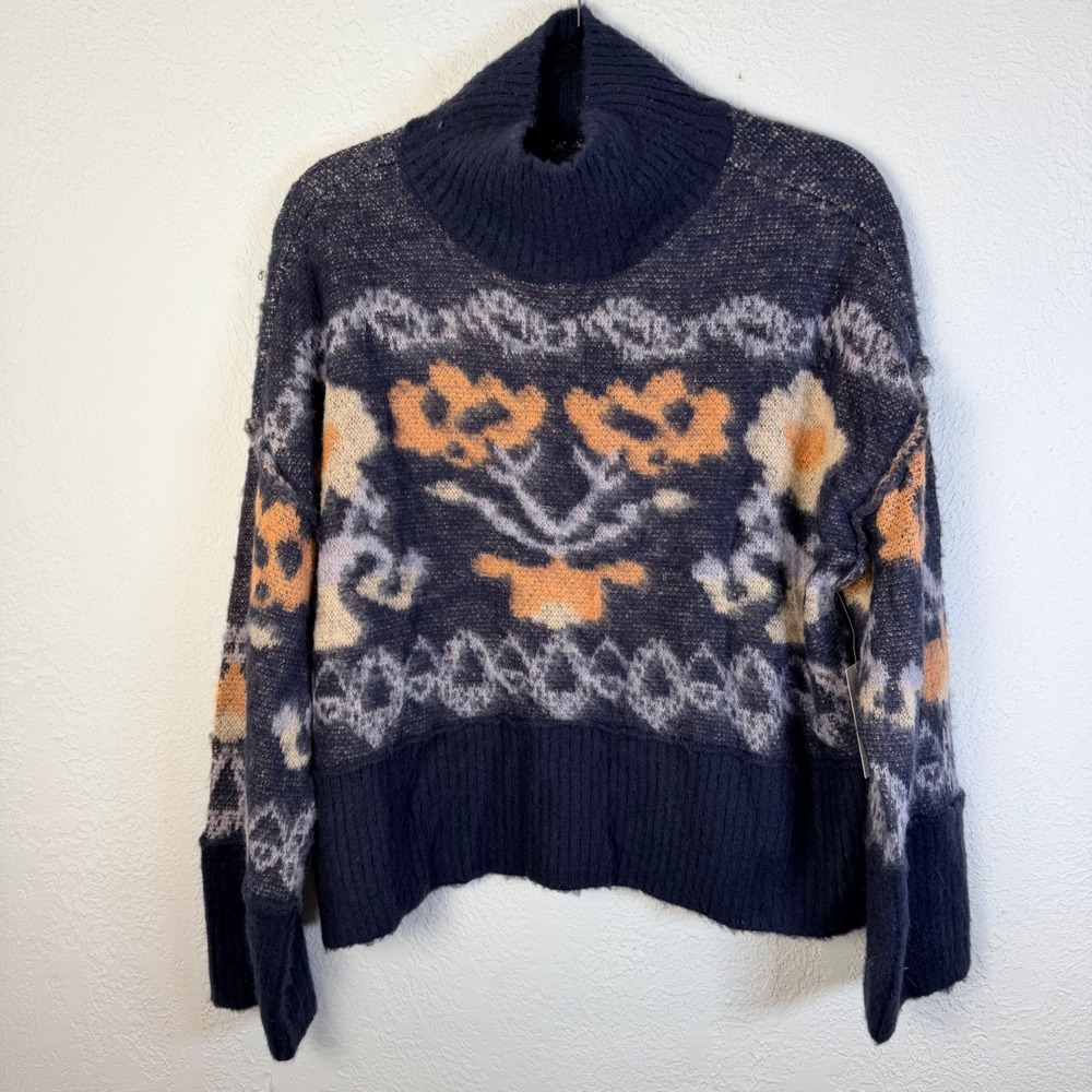 NEW $168 Anthropologie Women's S Floral Turtleneck Oversized Cropped Sweater